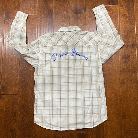 Paco Jeans Vintage Plaid Embroidered Button Down White Tan Blue Kids Size XL - Picture 7 of 11